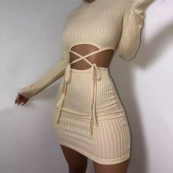

casual dresses 2021 long sleeve backless bandage maxi slip dress autumn women fashion bodycon stretchy party club elegant hip skirt, Black;gray