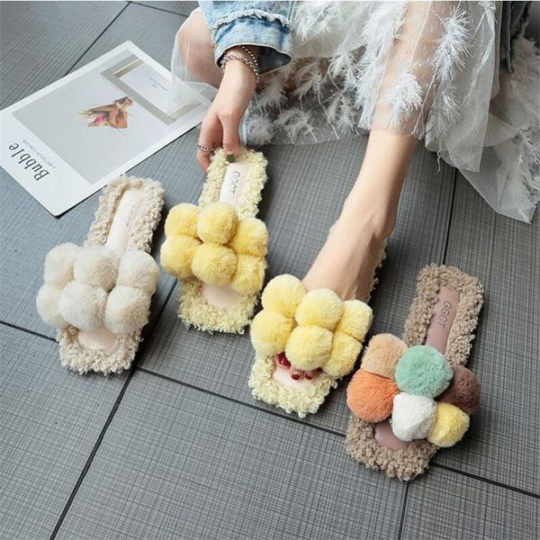 

slippers fur shoes 2021 autumn personality hair ball lamb toe outside wearing, Black