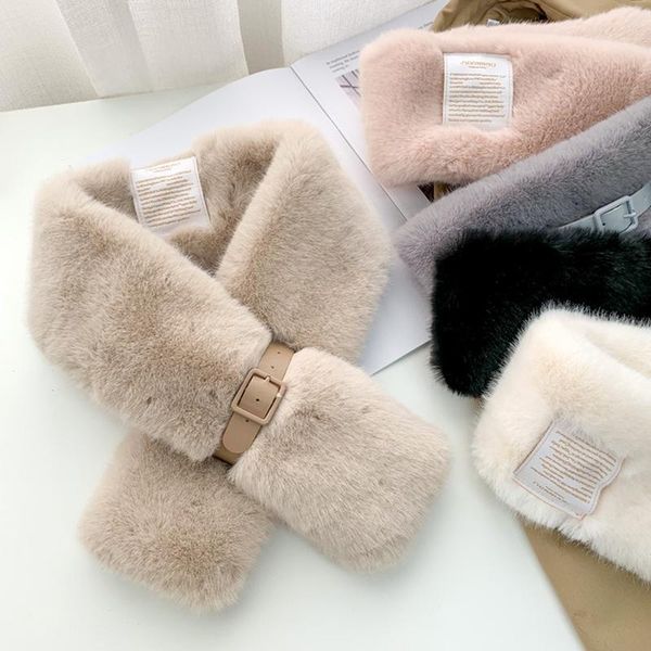 

scarves winter fashion thick collar short narrow solid color neckerchief women soft fluffy faux fur warm scarf with belt, Blue;gray