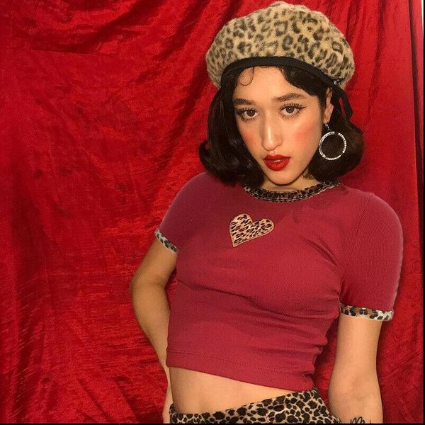 

cute women short sleeve leopard print heart elastic o neck tube blouse crop shirts, White