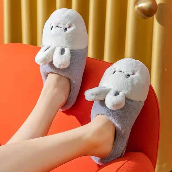 

slippers 2021 ear women cotton cartoon animal home indoor winter warm faux fur shoes female soft plush slides, Black