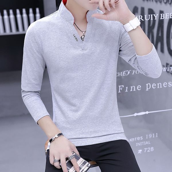 

cake long sleeve chun qiu xiang color pullover t-shirt fashion youth korean slim fit men's vertical collar top, White;black