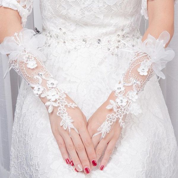 

five fingers gloves beaded lace satin short bridal fingerless rhinestone wedding white ivory women accessories, Blue;gray