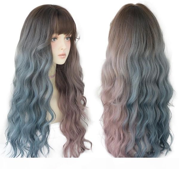 

deep wave long hair omber blue red black wigs for women colored heat resistant hair lolita wigs with bangs wholesale