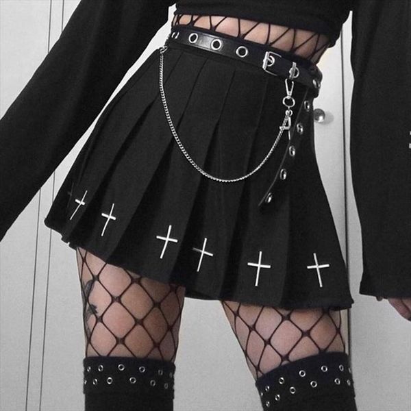 

black high waist mini womens skirts punk pleated vintage gothic streetwear cross print women lolita harajuku