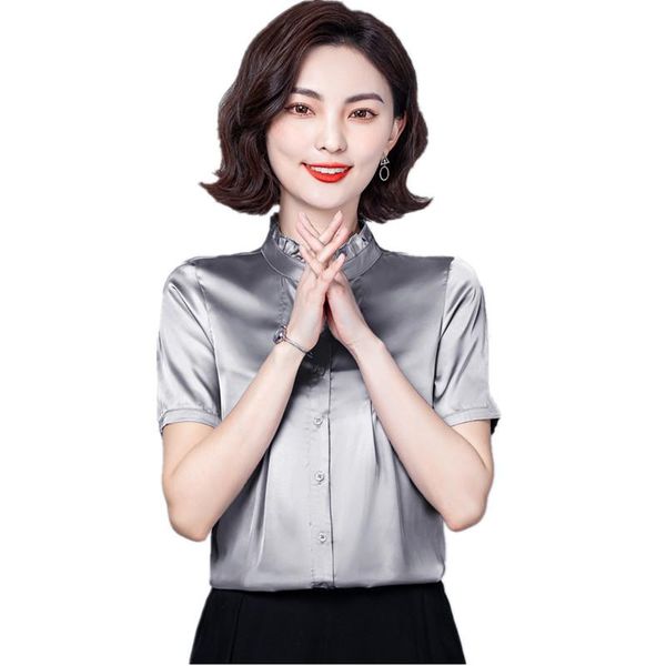 

women's blouses & shirts fashion silk satin women short sleeve 2021 summer office lady basic shirt plus size blusas mujer de moda s, White