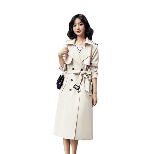 

women's trench coats windbreaker mid-length 2021 autumn-winter style temperament over-the-knee jacket lapel double-breasted belt slimmi, Tan;black