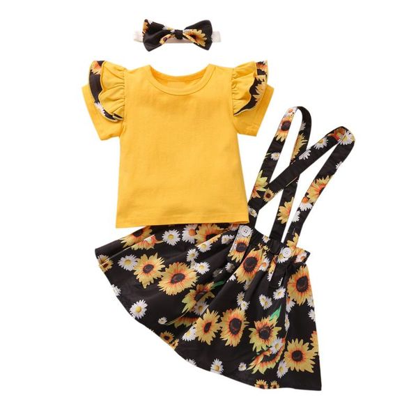 

clothing sets girl 's skirt three piece suit fresh solid color short sleeve t-shirt and sunflower suspender with headband, White