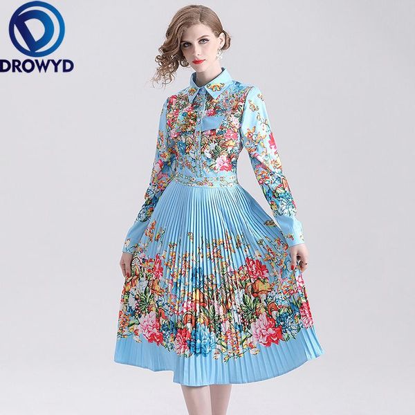 

casual dresses pleated printed midi dress for women autumn lapel long sleeve floral fashion elegant club evening party vestidos, Black;gray