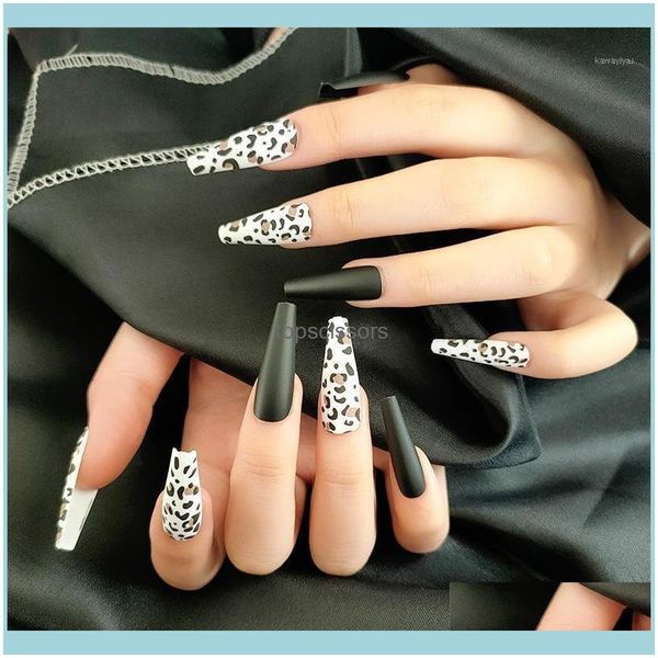 Art Salon Beauty24pcs / Set Leopardo Preto Impressão Punk Falso Prego Falso Falso Prego Com Design Elegante Elegante Brilhante Fluorescente AC