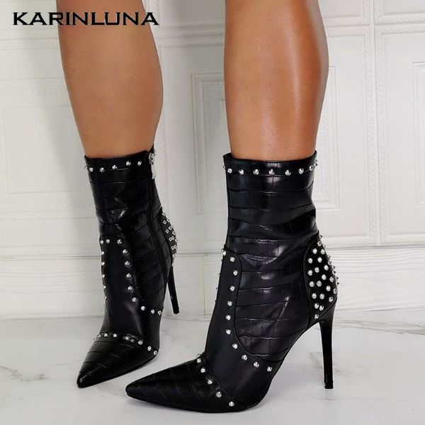 

boots karin sxey high heels fashion quality metal decoration pointed toe rivet thin ankle woman, Black