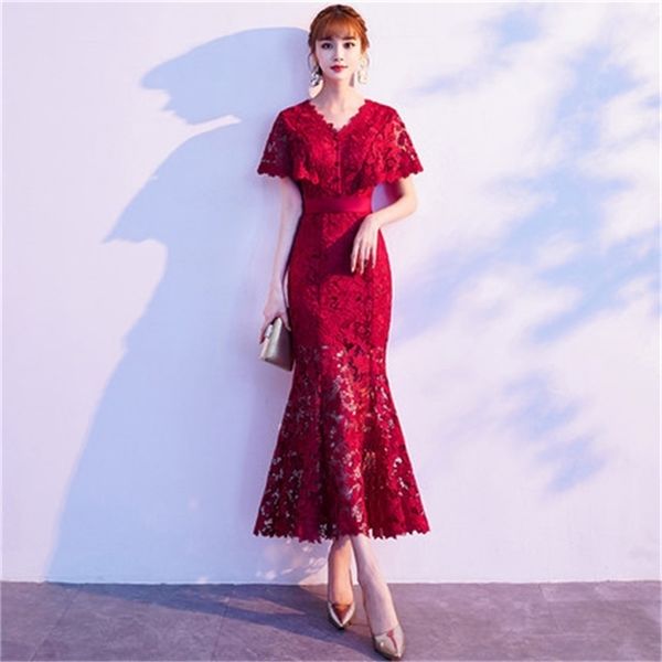 Abito da sera da sera in pizzo rosso Donna Estate Slim manica corta a sirena a metà polpaccio Abiti da donna eleganti con scollo a V Tromba 210603