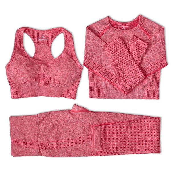 

3pcs women sportwear workout yoga set gym seamless fitness clothing sport outfit for sports bra+long sleeve+ high waist legging, White;red