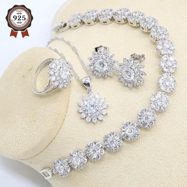 

earrings & necklace white zircon silver color wedding jewelry set for women bracelet stud earring pendant ring gift box