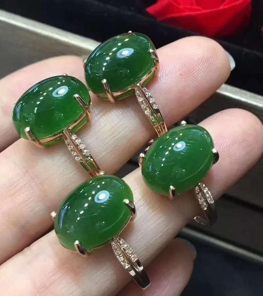 

cluster rings 100% natural and real green jade ring charm jewelry fashion woman, Golden;silver