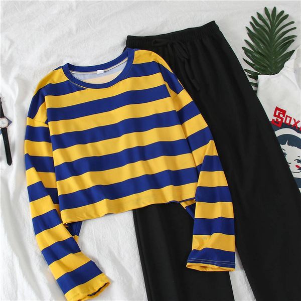 

2021 in autumn ladies two-piece suits female students legged pants + striped shirt of sleeves 6tng, Gray