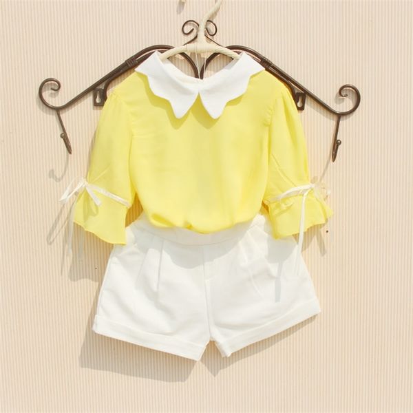 Sommer Mädchen Tops und Blusen Reine Farbe Kinder Shirts für Gelb/Rosa Kleidung Teenager Schule Mädchen Bluse 3-16 jahre 210622