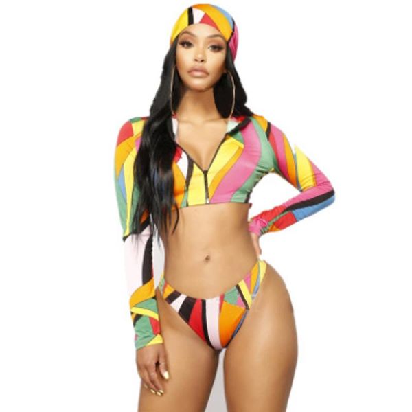 

women's swimwear bikini suit pattern printed zipper closure short blouse high waist shorts with elastic swimming cap swimsuit set, White;black