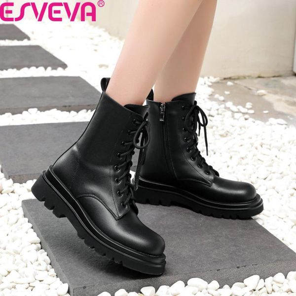 

boots esveva 2021 ankle autumn winter square heel pu motorcycle lace up zipper round toe casual women shoes size 34-41, Black