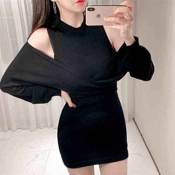 

2 piece set sweater suit for women autumn knitted long sleeve gray mini skirt ladies loose causal suit 210602, White