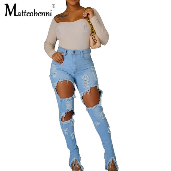 

2021 new ripped women bodycon fashion club hole denim pants female casual high waist hollow out tassel pencil jeans vestidos k6l5, Blue