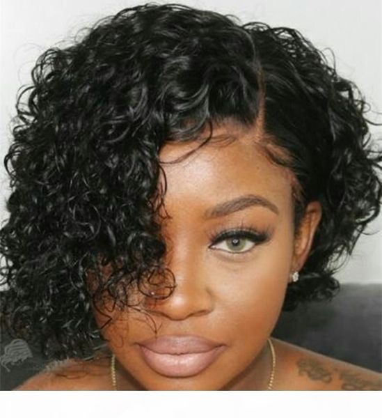 

lace front wigs for black women bob wigs for white women human hair 10" 120g natural curly swiss lace remy human half hand, Black;brown