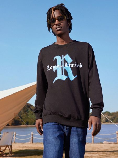 

romwe guys letter graphic sweatshirt w4qc#, Black