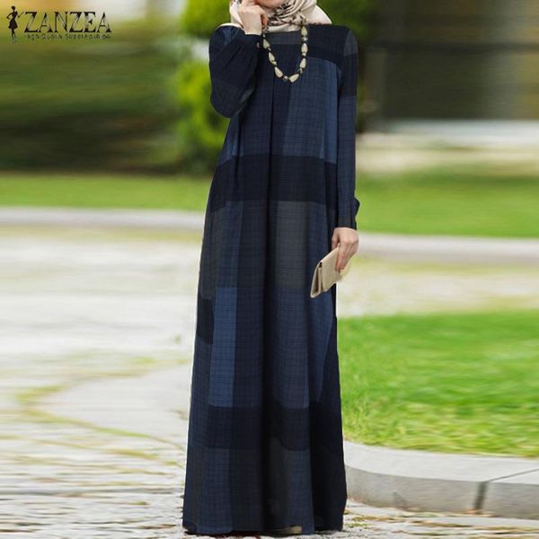 

casual dresses zanzea autumn women dubai muslim islamic kaftan long dress vintage plaid checked pirnted puff sleeve abaya maxi, Black;gray