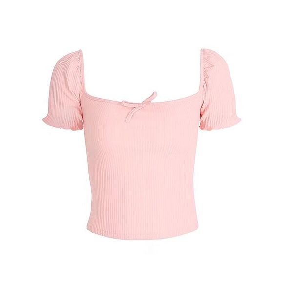 

women's t-shirt summer kawaii puff sleeve black white t shirt 2021 bow ruffless tee backless square collar women crop