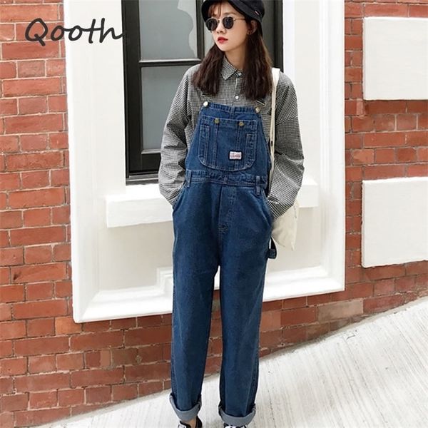 

qooth vintage high waist jeans overalls women big pockets denim romper ladies wide leg harem jumpsuits capri jeans qh2280 210202, Blue