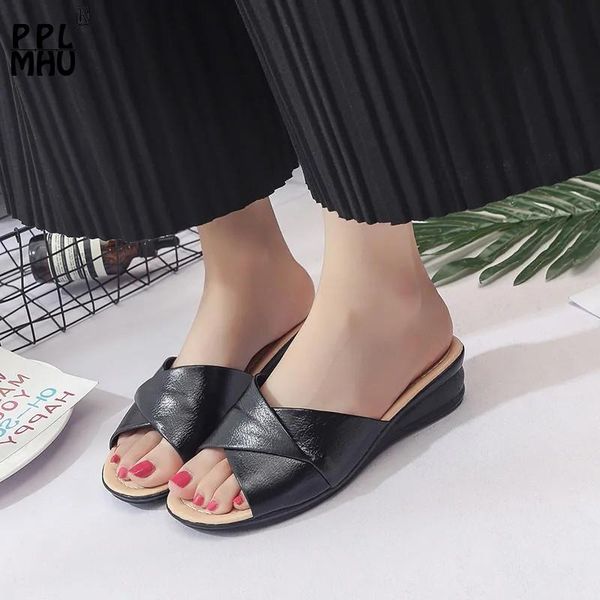 

slippers pu leather shallow wedges women retro lightweight non-slip peep toe shoes elegant comfortable outside wear house, Black