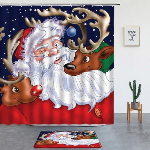

shower curtains 2pcs christmas cartoon set bath mats santa claus snowman elk print holiday bathroom decor screen non-slip rugs