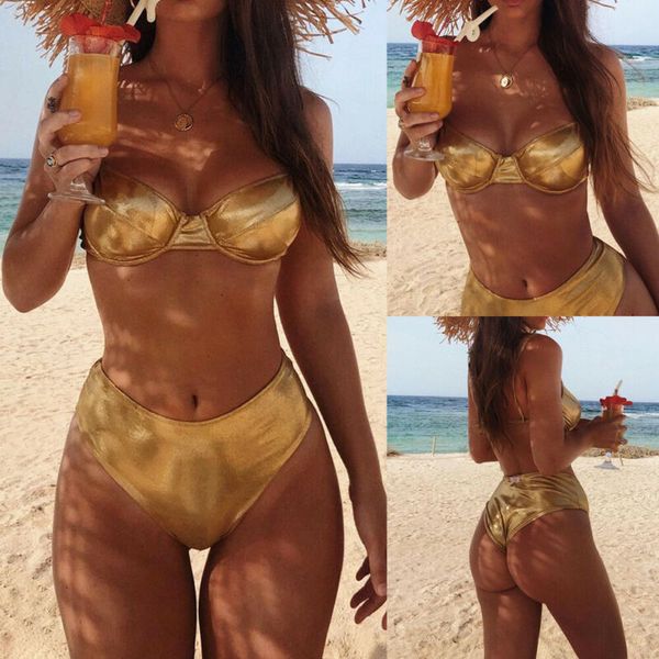 

2020 fashion women gold strapless pleated push up padded underwire high waist bikini sets swimsuits bathing beach wear, Black