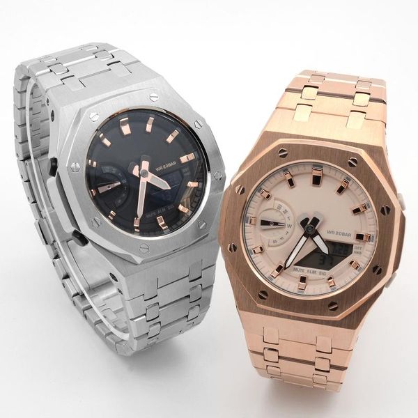 

watch bands gma-s2100 mini mod kit case band diy stainless steel for smallest gma s2100 all metal bezel strap replacement, Black;brown