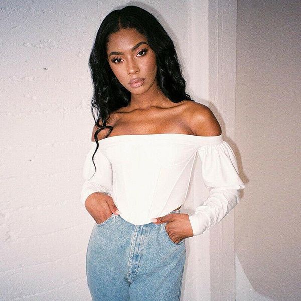 

off shoulder fashion women ladies sling cropped blouses long sleeve slash neck beach high street blusas clothes fall summer, White