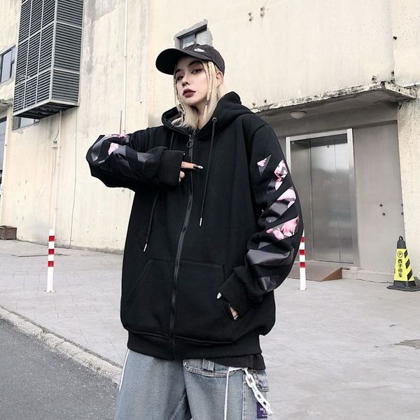 

fashion brand new oil painting arrow versatile loose plush men's and women's zipper hooded sweater, Black