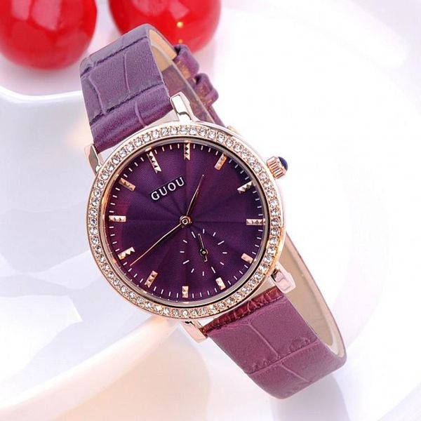

wristwatches guou quartz-watches waterproof women's watches genuine leather elegant diamond with calendar factory outlet, Slivery;brown