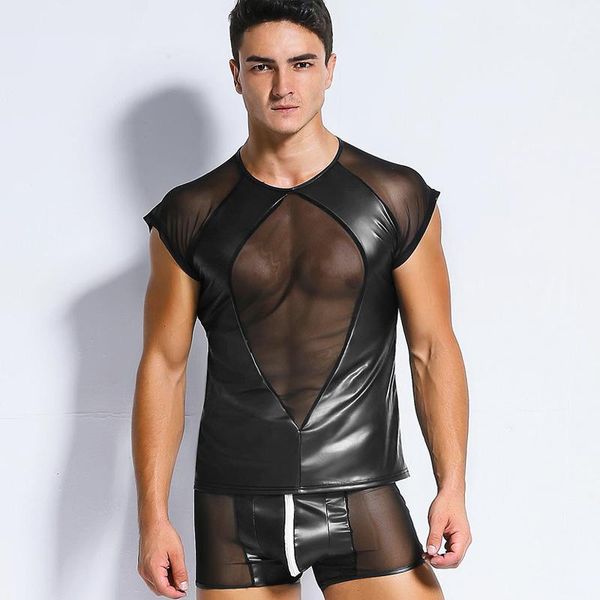 

bras sets stylish mens pvc faux leather black mesh clubwear gay couple enhancing fetish lingerie punk shiny o collar vest, Red;black