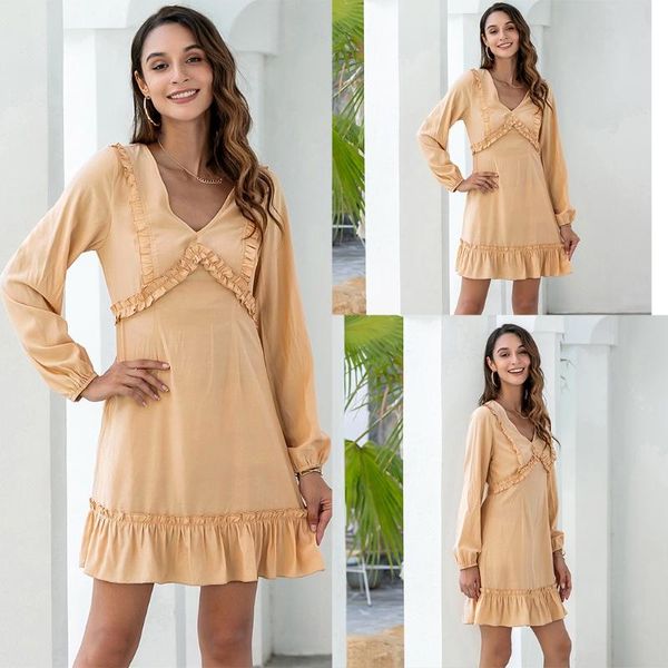 

casual dresses women puff long sleeves deep v neck tunic dress autumn summer pullover sundress female solid color loose midi, Black;gray