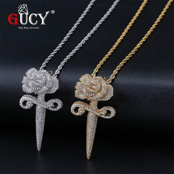 

pendant necklaces gucy hip hop soild back flowers necklace withtennis chain plated all iced out cubic zircon men's jewelry gift party, Silver
