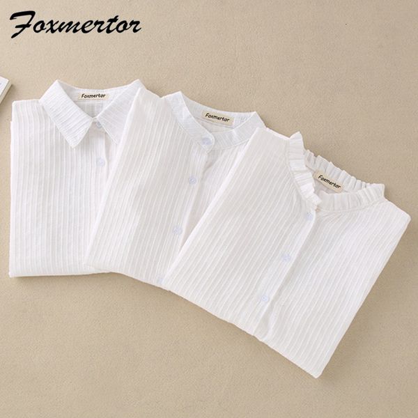 

foxmertor 100% cotton white blouse shirt spring autumn blouses shirts women long sleeve section casual solid pocket cx200615