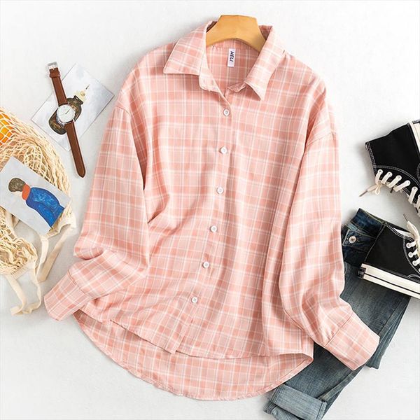 

office vintage plaid korean women blouses style long sleeve turn down collar cotton fashion casual oversized loose, White