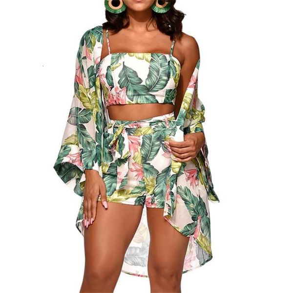 

3pcs women floral shorts cardigan long sleeve jumpsuit vest trousers romper playsuit belt bottoms strap cover up cloak sets, Gray