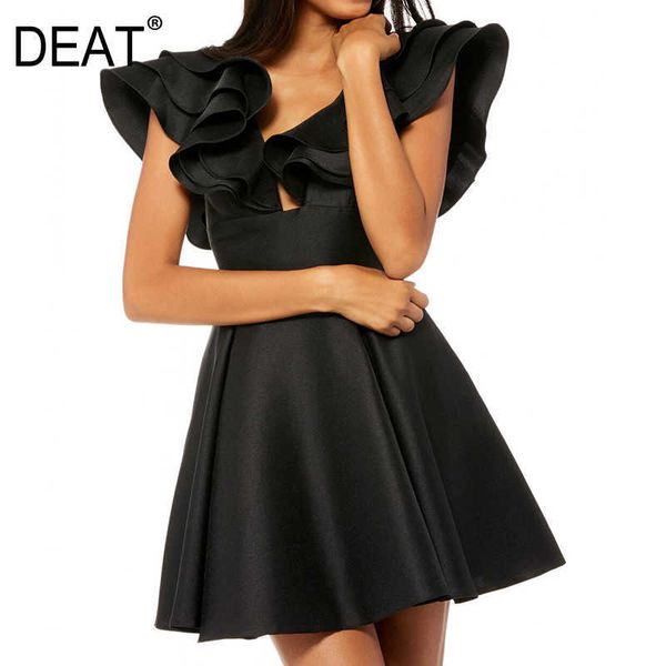 

[deat] summer fashion v-neck high waist ruffles sleeveless solid color temperament elegant dress women 13d165 210527, Black;gray