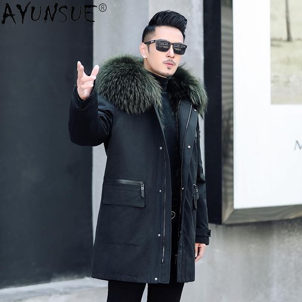 

men's leather & faux ayunsue winter warm thick 100% real raccoon fur liner parka 2021 long hooded collar male jacket abrigo hombre gxy8, Black