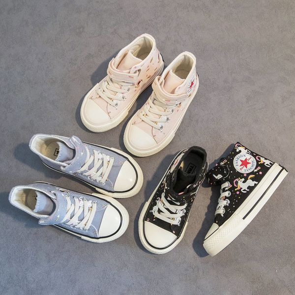 

children' high-canvas shoes, girls shoes, 2021 new unicorn baby cloth shoes, big boys and boys sneakers, Black;grey