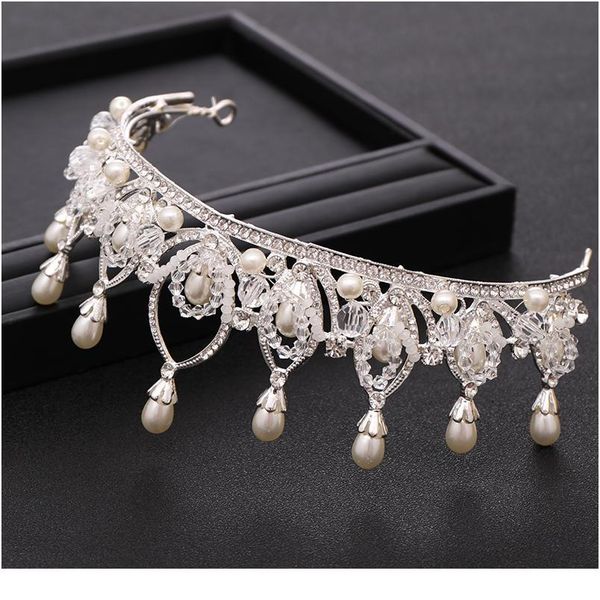 

trendy bride wedding crown rhinestone crystal pearl crown handmade bridal headdress princess crown wedding hair accessor jllhau, Silver