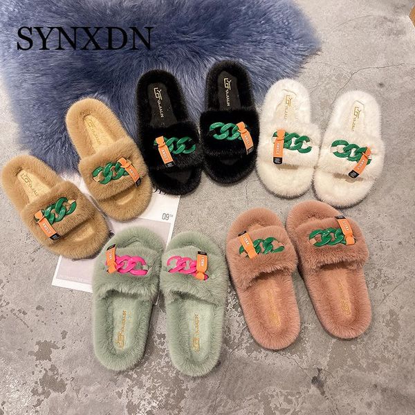

slippers female winter warm house faux fur furry chain open toe indoor floor women shoes, Black