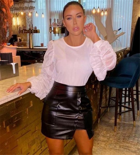 

hirigin ladies blouse women mesh sheer puff long sleeve round neck blouse female solid black white red new fashion blouses