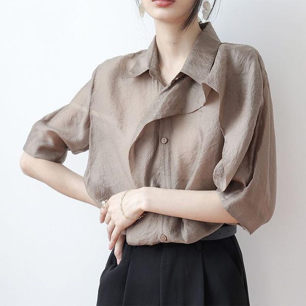 

women's blouses & shirts plus size blusas 2021 summer fashion chiffon splicing short sleeves irregular ruffles skinny woman, White